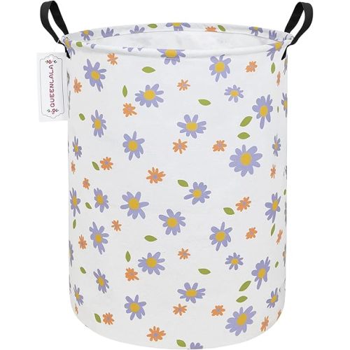 QUEENLALA Large Storage Basket,Laundry Hamper/Bathroom/Home Decor/Collapsible Round Storage Bin,Boys and Girls Hamper/Boxes/Clothing(Round-flowers)