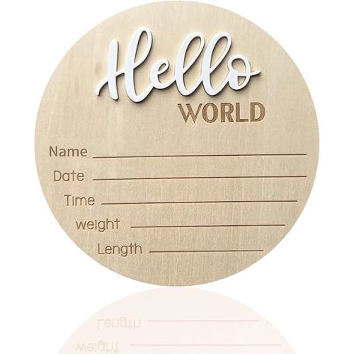 Baby Announcement Sign, ​5.9 Inch Wooden Hello World Newborn Signs, Birth Announcement Sign, Baby Shower Hospital Nursery for Newborn Boys and Girls (White)