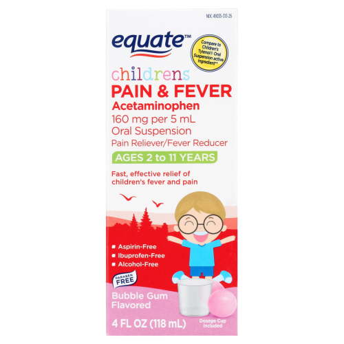Equate Children's Pain & Fever Acetaminophen Oral Suspension, 160 mg, Bubble Gum Flavor, Ages 2 to 11 Years, 4 fl oz, Compare to Children's Tylenol® Oral Suspension Active Ingredient HSA/FSA Eligible