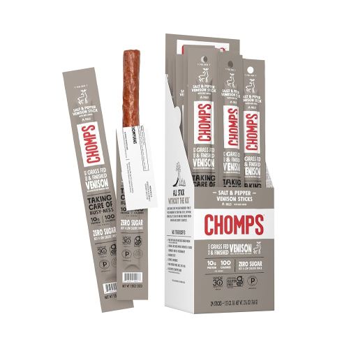 Chomps Grass Fed Venison Jerky Snack Sticks, Keto & Paleo, Whole30 Approved, Non-GMO, Gluten Free, Sugar Free, Nitrate Free, 90 Calorie Snacks, 1.15 Oz Meat Stick, Pack of 24