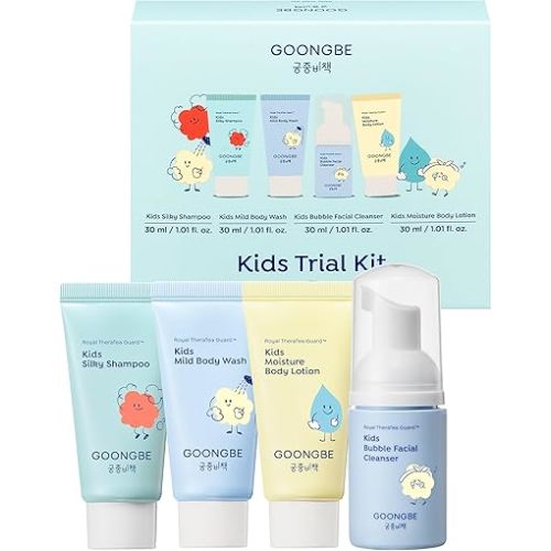GOONGBE Kids Travel Toiletry Set – 4-in-1 TSA Carry-On Kit with Shampoo, Body Wash, Face Cleanser (Sunscreen Removal) & Lotion, Silicone-Free Low pH for Sensitive Skin1oz Each