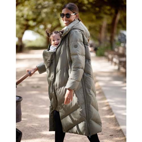 Long Khaki Maternity & Babywearing Puffer Coat | Seraphine