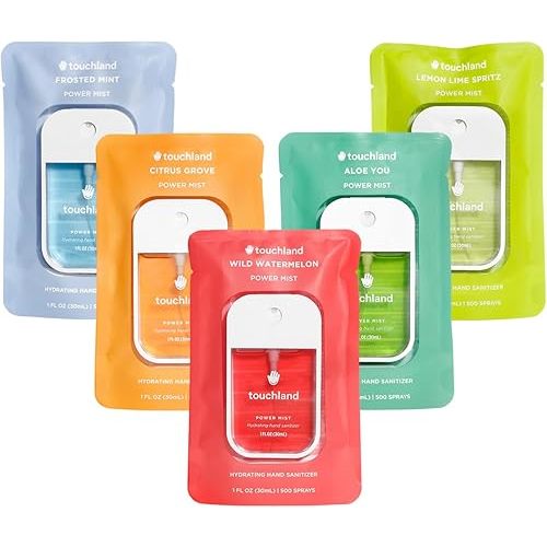 Touchland Power Mist Hydrating Hand Sanitizer Spray, FRESH 5 Set (Mint, Citrus, Lemon Lime, Aloe, Watermelon), 1 FL. OZ. Travel Size (Set of 5)