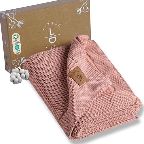 100% Organic Cotton GOTS & OEKOTEX certified Baby Knitted Blanket with Gift Box - Soft Toddler, Crib, Stroller Blanket - Neutral Swaddle and Receiving Blanket for Newborns, 30"x40", Pink