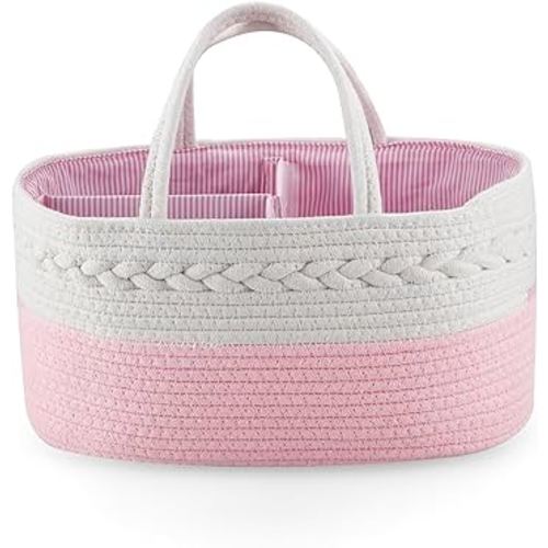 PandaEar Baby Diaper Caddy Organizer Cotton Rope Nursery Storage Basket Portable Car Organizer for Baby Shower Gifts Newborn Infants -Pink