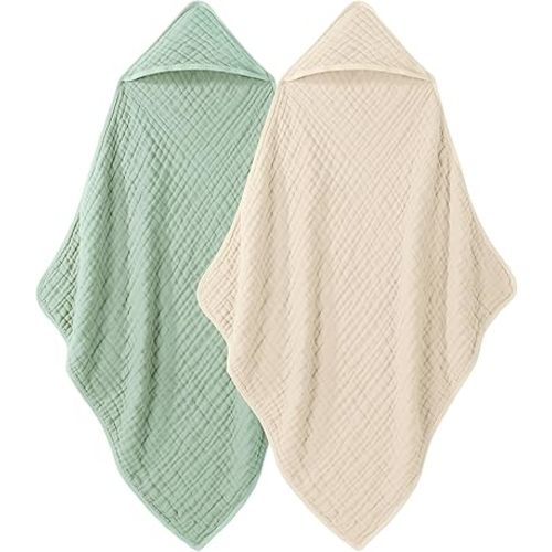 Looxii Baby Bath Towels 2 Pack Muslin Hooded Baby Towels for Newborn and Infants, 100% Cotton, Large 32x32Inch, Soft and Absorbent Beige+Green