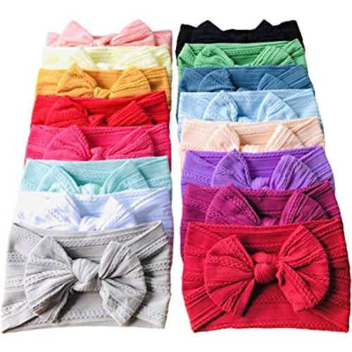 Baby Girl Bows Nylon Headbands Jacquard Design for Newborn Infant Toddler Little Girls (16-Pack)