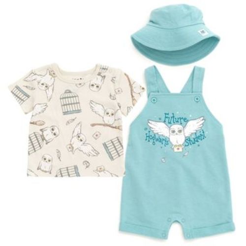 Harry Potter Hedwig Owl Newborn Baby Boys French Terry Short Overalls T-Shirt and Hat 3 Piece Outfit Set Blue / White 3-6 Months