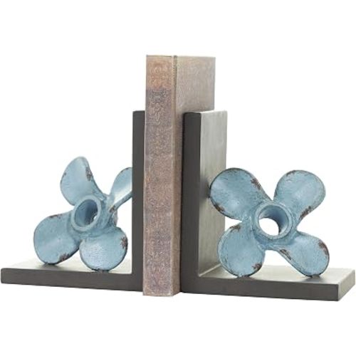 Deco 79 Metal Boat Decorative Bookends Distressed Propeller Non Skid Bookends with Brown L-Shaped Stands, Set of 2 Office Bookends6 W, 7" H, Teal