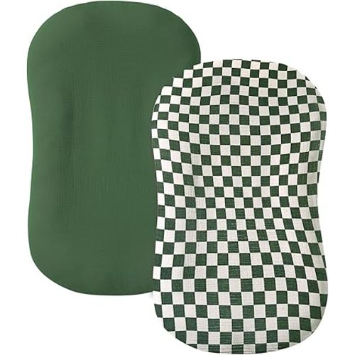 Muslin Baby Lounger Cover 2 Pack, 100% Cotton Infant Lounger Cover, Soft & Breathable Replacement Slipcover, Compatible with Snuggle Me Newborn Lounger (Olive Check,Olive Green)