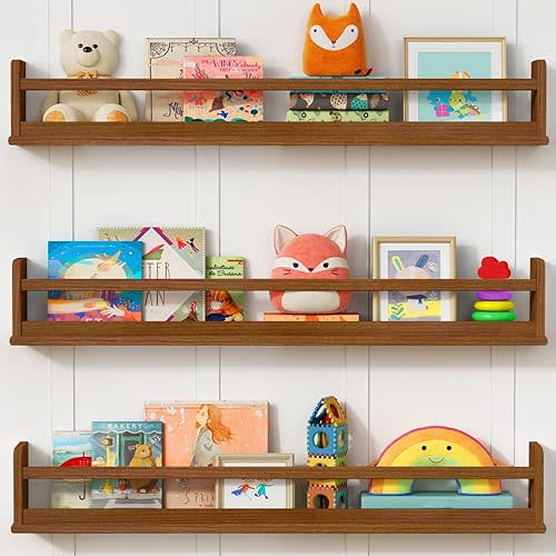 Dark Wood Wall Bookshelf for Kids Bedroom, 36 Inch Floating Nursery Bookshelf for Baby Girl Boy Room, Wooden Hanging Toddler Book Shelves for Wall (36 inch, Walnut Brown, 3-Pack)