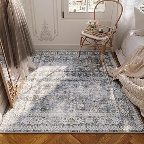 Bedroom Rug 3x5 Rug Washable Area Rug Non Slip Low Pile Small Carpet for Bedroom, Bedside, Kitchen, Entryway, Kids Room, Office, College Dorm Essentials for Girls(Grey and Brown)