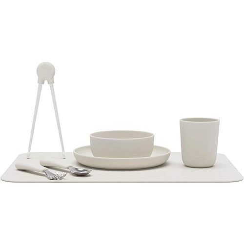 Lalo Big Bites Kids Dinnerware Full Set - Dishwasher Safe, BPA Free, Kids Tableware Set - Includes Stackable Bowl, Plate, Utensils & Cup - 7 Pieces - Oatmeal