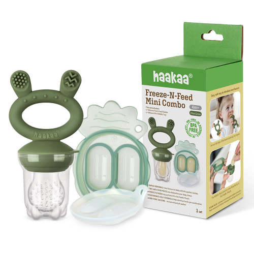 Haakaa Freeze-N-Feed Mini Combo with Silicone Food Feeder & Silicone Mini Nibble Tray|Baby Solid Food Self Feeder|Breastmilk Popsicle Mold Storage & Feeder for Soothing Baby Gums 1 PK (Olive Green)