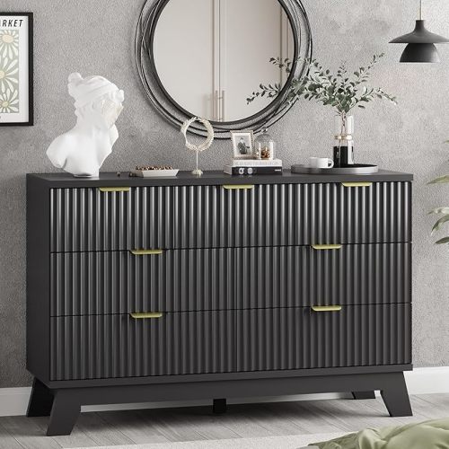 Fluted Dresser for Bedroom with 7 Drawers, 48" Wide Chest of Drawers with Metal Handle, Modern Wood Dresser TV Stand, Wooden Closet Clothes Storage Organizer for Living Room, Hallway, Black