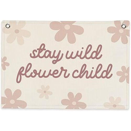 SJDFCSA Girls Room Nursery Decor Banner Canvas Wall Hanging, Stay Wild Flower Child Wall Decor Hanging Wall Art for Little Toddler Girls Nursery Room Bedroom Playroom Prints, 30x20 In