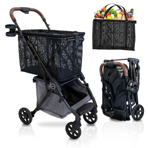 Strolee Personal Luxury Folding Shopping Cart On Premium Wheels – Ultra Lightweight Aluminum Frame – Removable Shopping Bag with Carry Strap & Lower Grocery Storage 75Lbs Capacity (Shadow v2)