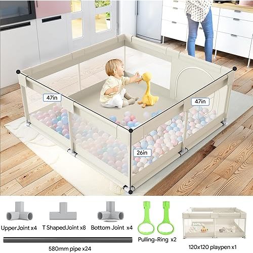 Fodoss Baby Playpen, Upgrade Playpen for Babies and Toddlers, 47x47inch Beige Play Pen for Babies with Hand Pulling Ring, Play Pen Center for Kids,Baby Fence,Kids Playards