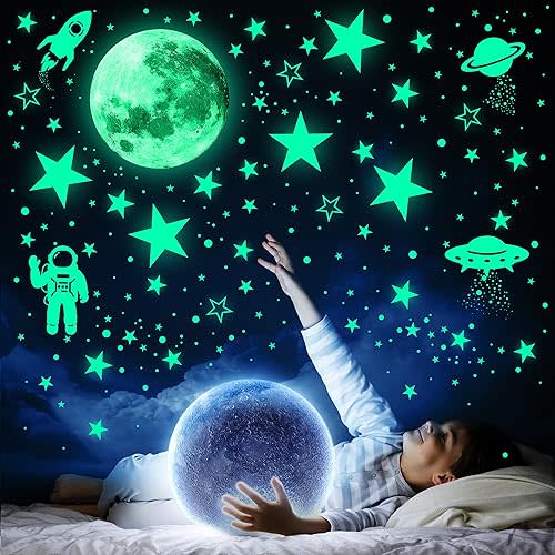 1078 PCS Glow in The Dark Stars for Ceiling Planets Galaxy Space Nursery Wall Stickers Rocket Astronaut Kids Boys Room Decorations Bedroom