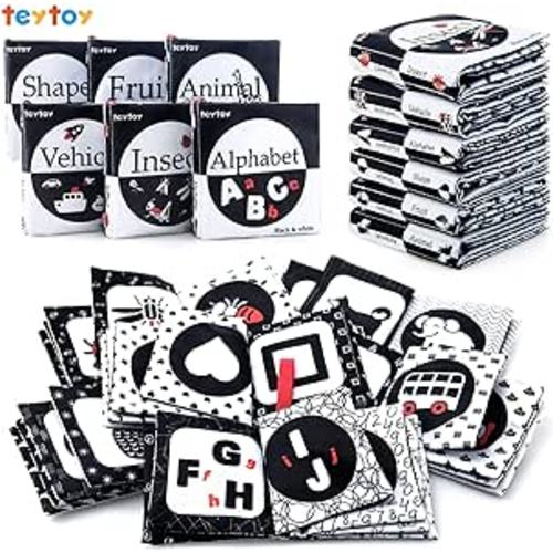 My First Soft Book,teytoy Nontoxic Fabric Baby Cloth Activity Crinkle Soft Black and White Book for Infants Boys and Girls Early Educational Toys Perfect for Baby Shower -Pack of 6