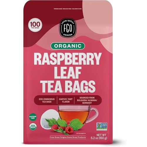 FGO Organic Red Raspberry Leaf Tea Bags, 100 Eco-Conscious Tea Bags, Caffeine Free, Imported from Germany, Reseable Bag, Packaging May Vary (Pack of 1)