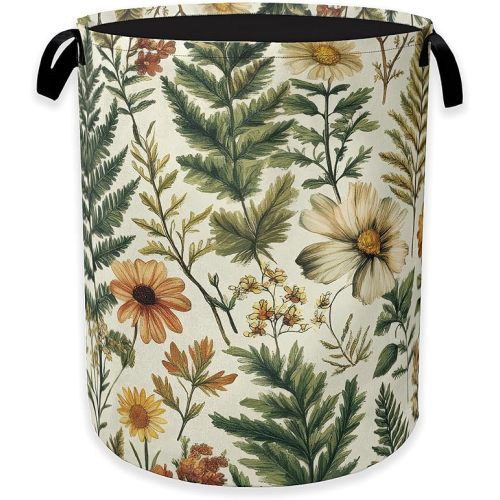 Laundry Hamper,Green Herb Leaf Laundry Basket,Farmhouse Wildflower Portable Collapsible Laundry Room Organization Storage for Dorm Room,Nursery,Bathroom,Bedroom,16x20 Inch