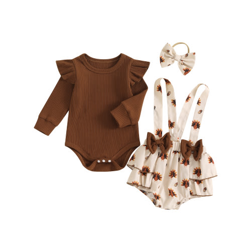 Suealasg Baby Girl Thanksgiving Outfit 3Pcs Newborn Girls Fall Clothing 3 6 12 18 Months Infant Girls Long Sleeve Ribbed Romper + Turkey Overall Pants+ Headband Set