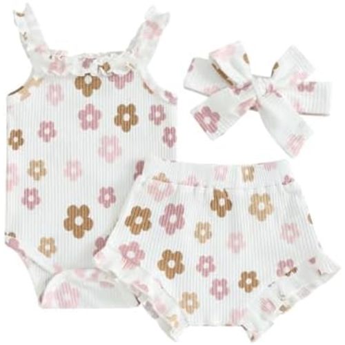 Engofs Newborn Baby Girl Summer Clothes Boho Infant Sleeveless Romper Bodysuit Shorts Headband 3Pcs Outfits