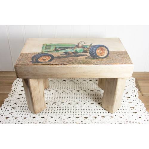 Decorative Stool / Stand with vintage John Deere tractor photo transferred onto farmhouse style wood - 5503