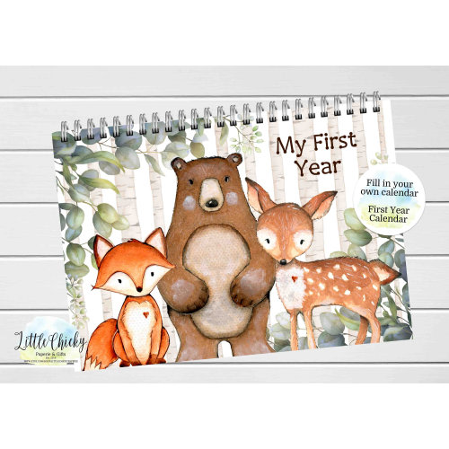 Woodland Animals First Year Baby Keepsake Calendar, First Year Calendar with Milestone Stickers, BLANK Calendar, Baby Gift, Baby Shower Gift