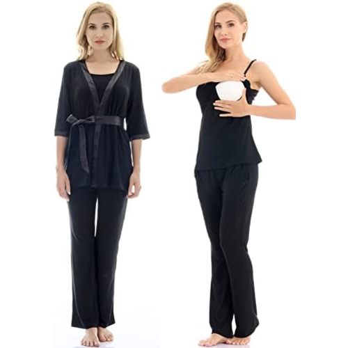 Bearsland Maternity Women's 3 Pieces Soft Nursing Pajamas Set Postpartum Sleepwear for Breastfeeding