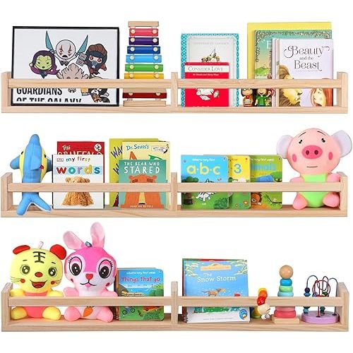 Nursery Book Shelves for Wall Set of 3,Natural Wood Wall Bookshelves for Kids Room - Book Shelf for Wall(32 inches set of 3)