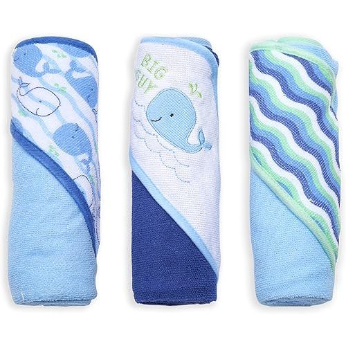 Buttons & Stitches Boy's 3-Pack Blue Whale Hooded Baby Towels, 26x30 Inches