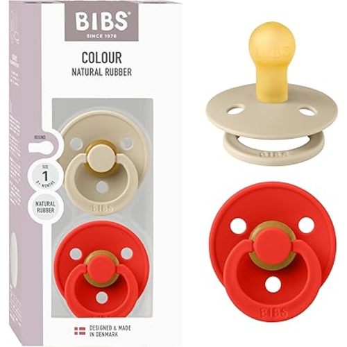 BIBS Colour Pacifier 2-Pack, BPA Free Dummy Binky, Round Nipple. Natural Rubber Latex, Made in Denmark, Size 1 (0-6 Months), Vanilla/Candy Apple