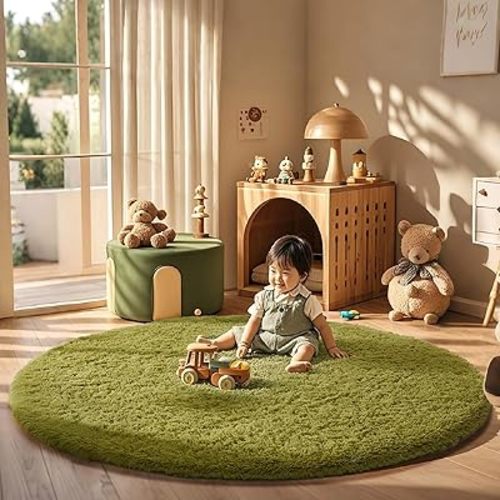 Ophanie Round Rug 6Ft Green Circle Area Rug Bedroom Carpet Living Room Rugs Nursery
