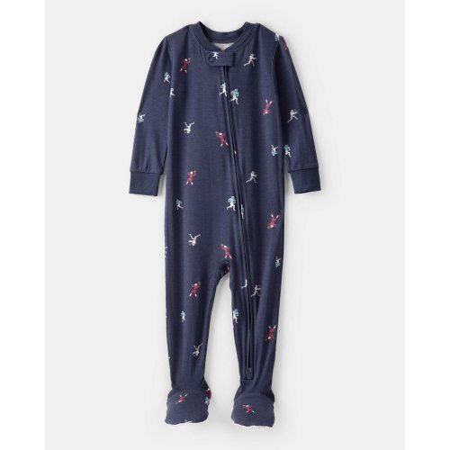 Baby Boy Football Print PurelySoft Long-Sleeve 2-Way Zip 1-Piece Pajamas - Navy Blue | Carter's