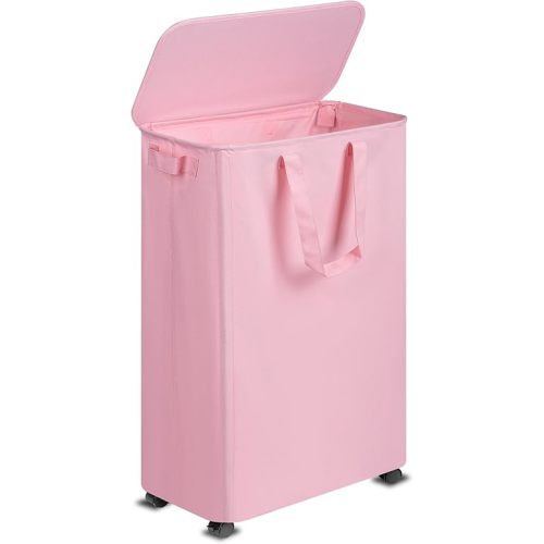 Slim Laundry Hamper with Lid and Wheels, Small Rolling Laundry Basket with Handle for Small Spaces, Tall Dirty Clothes Hampers for Dorm, Bathroom and Bedroom, 75L, Pink