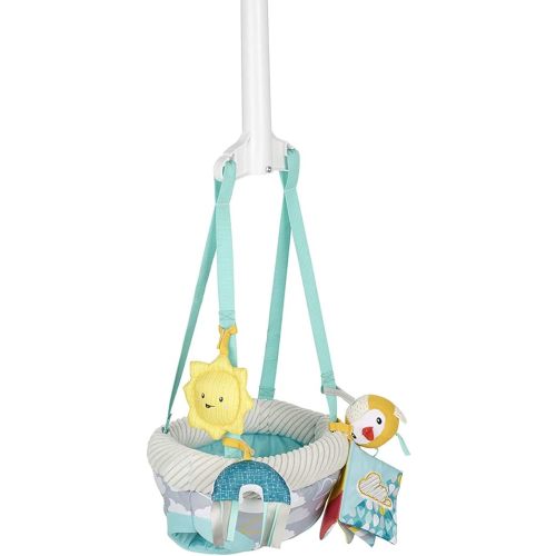 Evenflo Exersaucer Baby Hanging Clampable Doorway Jumper with 4 Removable Toys, Peek a Boo Flip -Book, and Mirror, Sweet Skies