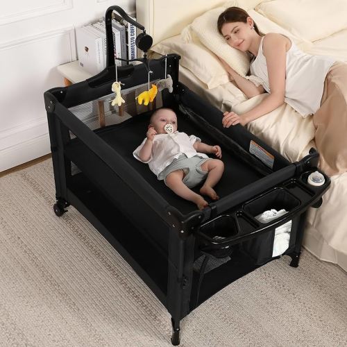 Pack and Play, 5 in 1 Baby Playard – Portable Crib, Bassinet, Bedside Sleeper, Changing Table & Playpen | Breathable Mesh | Safe & Foldable for Newborns to Toddlers (Black)