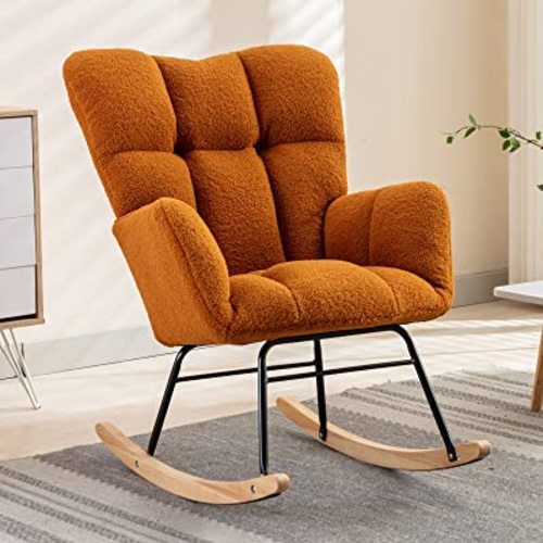 NIOIIKIT Nursery Rocking Chair Teddy Upholstered Glider Rocker Rocking Accent Chair Padded Seat with High Backrest Armchair Comfy Side Chair for Living Room Bedroom Offices (Orange)