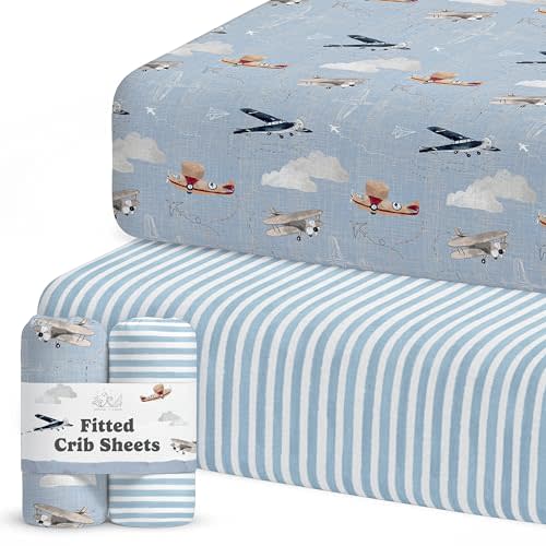 Crib Sheets Neutral - Fitted Baby Crib Sheets Bed for Girl Boy - 2 Pack Standard & Toddler Mattress - Buttery Soft Organic Cotton Blend (Airplanes in The Clouds)