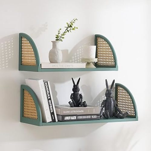 Rattan Wall Shelf 16 inch Floating Shelves Rustic Wood Wall Mounted Storage Shelves for Living Room Bathroom Kitchen Boho Wall Decor，Green