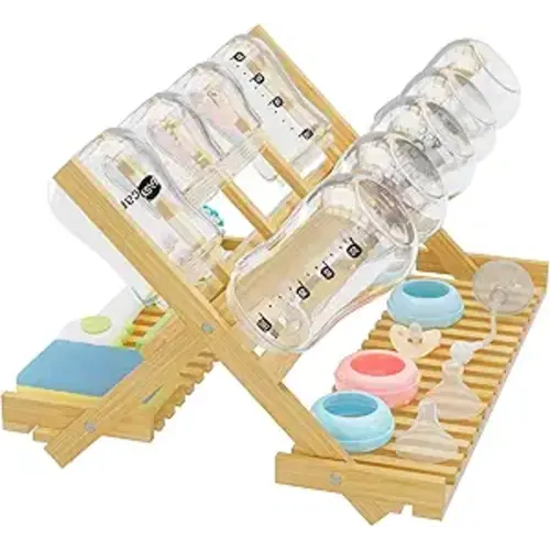 Baby Bottle Drying Rack Foldable Vertical Bamboo Milk Bottle and Accessories Organizer - Ideal for Travel, Perfect for Busy Parents, Maximizes Space, Quick Drying, Easy Cleanup & Storage