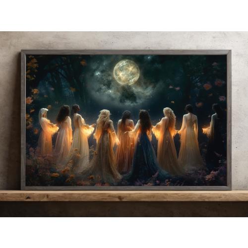 Moon Calling Witch Painting, Magic Witch Canvas Print, Witchy Poster, Halloween Wall Art, Halloween Room Decor, Mythical Woman Art