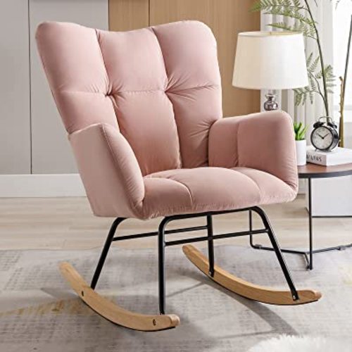NIOIIKIT Nursery Rocking Chair Velvet Upholstered Glider Rocker Rocking Accent Chair Padded Seat with High Backrest Armchair Comfy Side Chair for Living Room Bedroom (Light Pink Velvet)