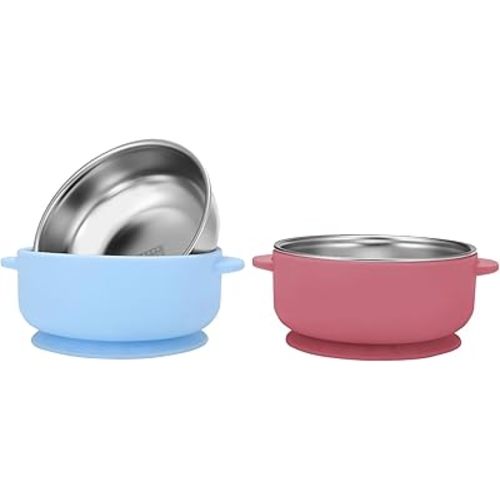 2 Pack Stainless Steel Baby Bowls with Removable Non-Slip Silicone Suction Shell, Anti Scald Food Container for Baby Food Feeding-Skyblue & Red