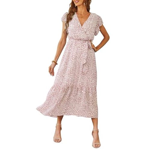 PRETTYGARDEN Women's Summer Floral Boho Maxi Dress Wrap Short Sleeve V Neck Ruffle A-Line Flowy Wedding Guest Long Dresses