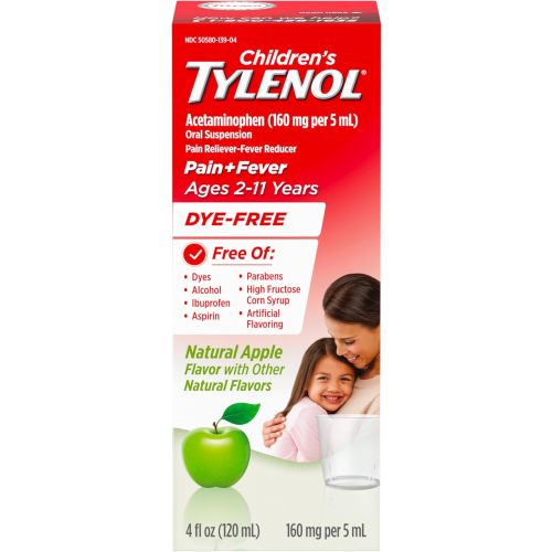Tylenol Children's Liquid Pain Relief & Fever Medicine, Acetaminophen Oral Suspension, No Dye, Aspirin and Ibuprofen-Free, High Fructose Corn Syrup-Excluded; Natural Apple Flavor, 4 fl. oz