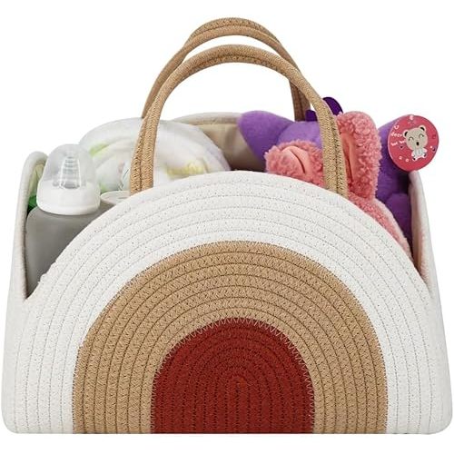 Baby Diaper Caddy Organizer, Cotton Rope Diaper Caddy Basket, Newborn Essentials, Large Storage Basket For Newborn Girls & Boys, Gift For Baby Shower List, Earthy Rainbow