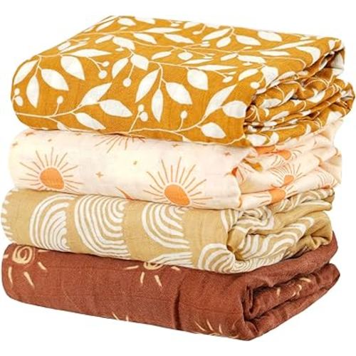 4 Set Muslin Swaddle Blankets for Newborn Baby Boys, Girls,Receiving Blankets-Cute Soft Print Baby Towel Wrap 120x110cm Baby(Sun)